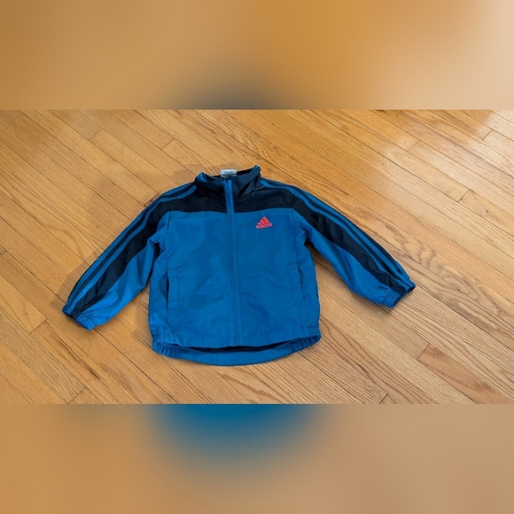 Adidas Blue and Black Raincoat with Classic Stripes - Picture 1 of 4